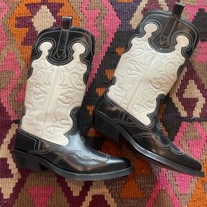 Ganni Two Toned Black and Cream Western Cowboy Boots